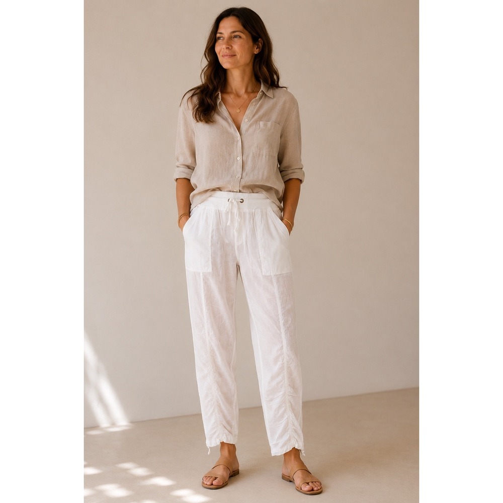 Wearables White Ruched Drawstring Pants XL NEW Boho Coastal Minimal Lagenlook